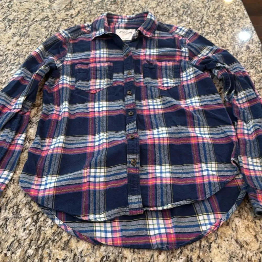 Abercrombie kids girls Navy and Pink Plaid flannel button down Shirt size L